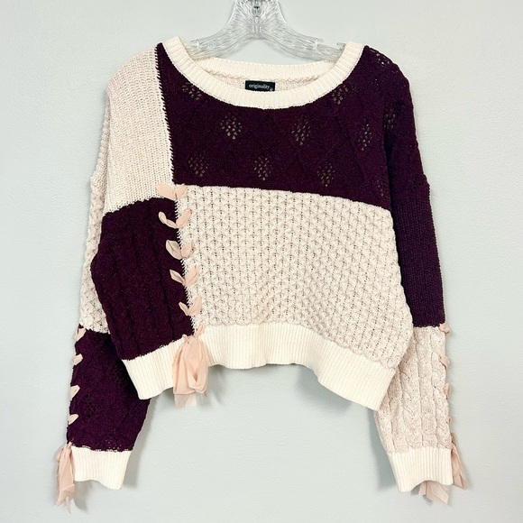 Originality Sweaters - ORIGINALITY 🎀 Cropped Cable Knit Sweater - Fig Eggnog - Size M